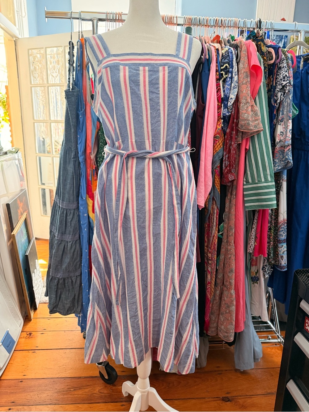 Jones Studio Blue and Pink Striped Tie-Waist Midi Dress
